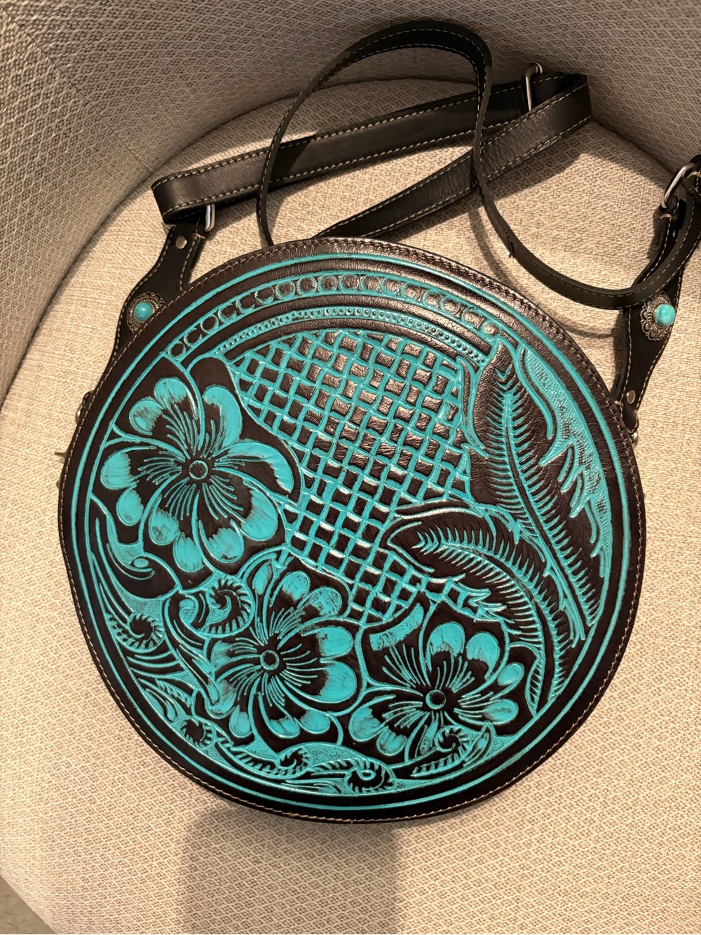 Myra Turquoise and black Floral Tooled Round Crossbody Leather bag - Picture 2 of 9